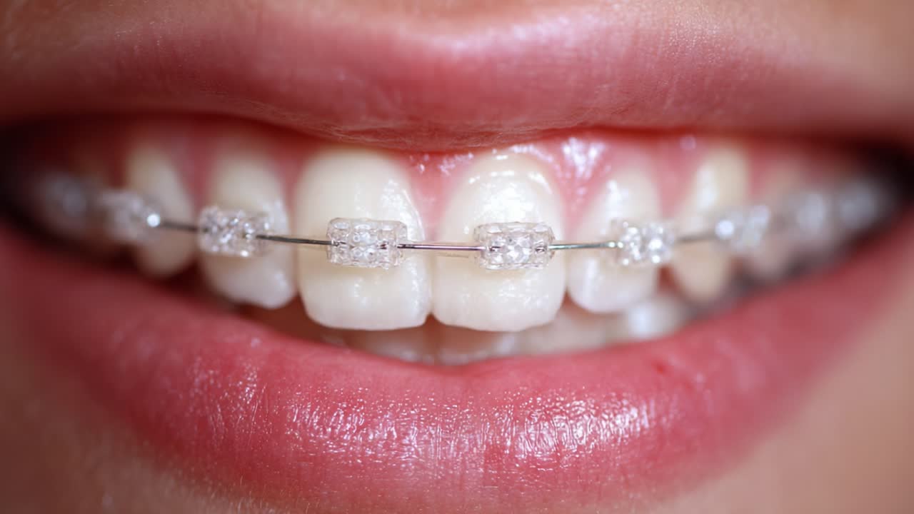Close-Up of a Smile Featuring Clear Braces: Showcasing Dental Alignment and Aesthetic Improvement