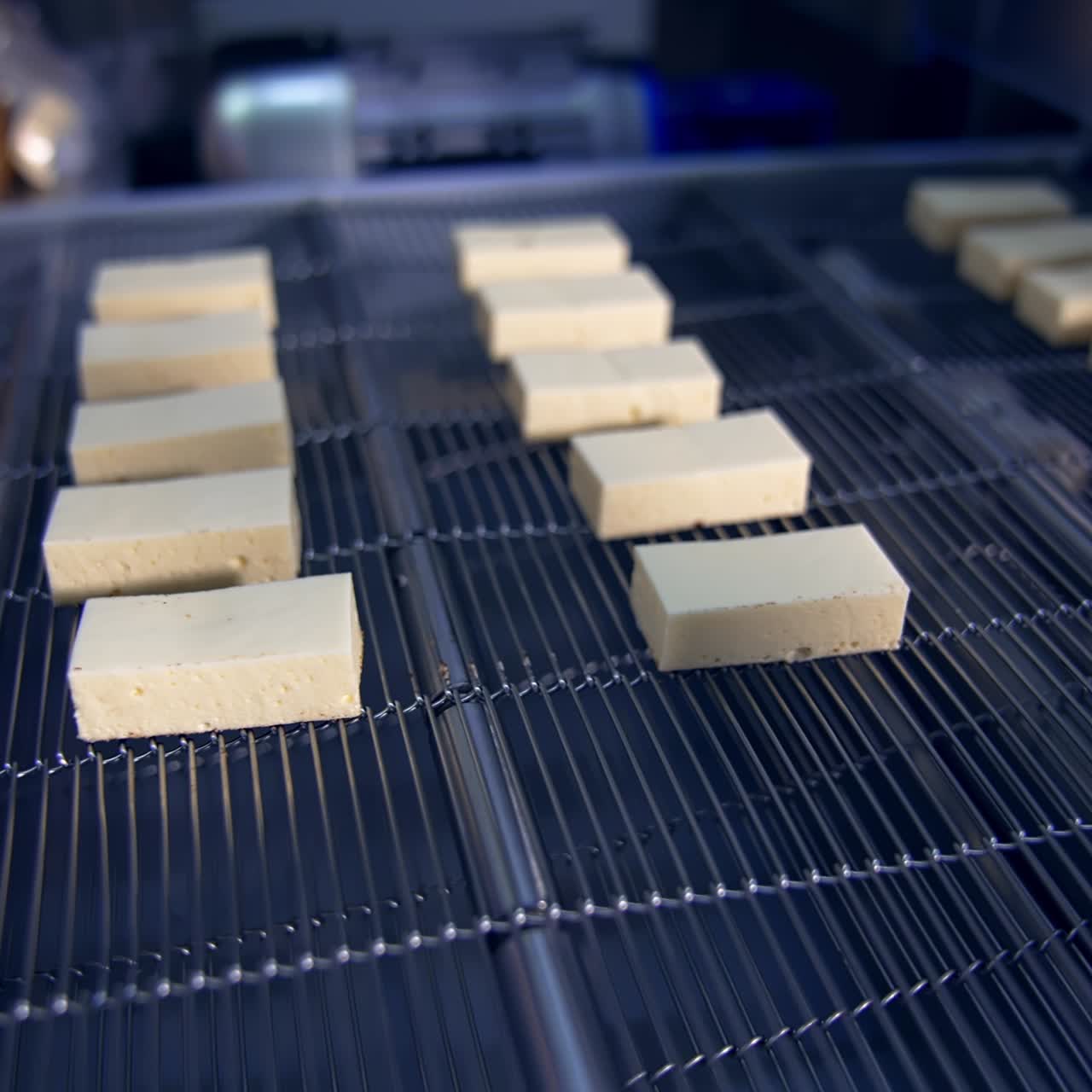 Cheese cubes on a conveyor belt