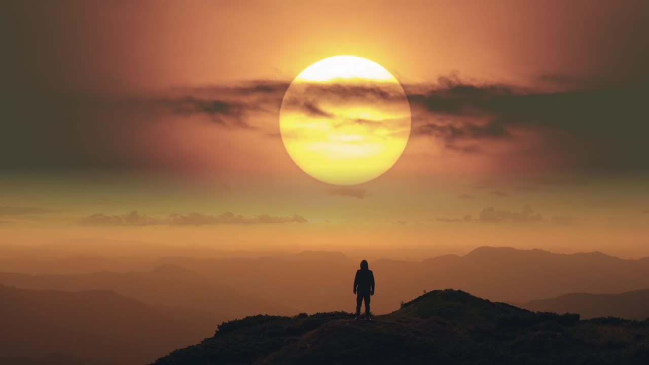 el hombre de pie en la cima de una montaña en el fondo brillante del amanecer. lapso de tiempo