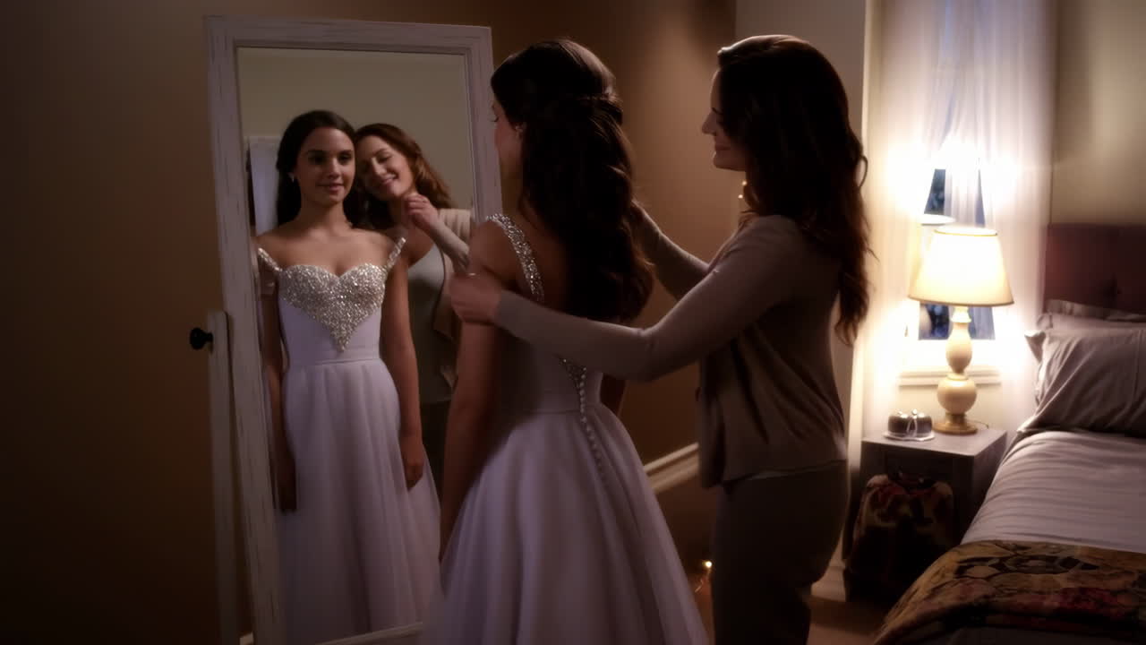 Woman tries on a white, sparkling dress with assistance in a bedroom