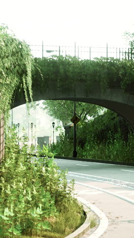 a stone arch bridge over a road in a park