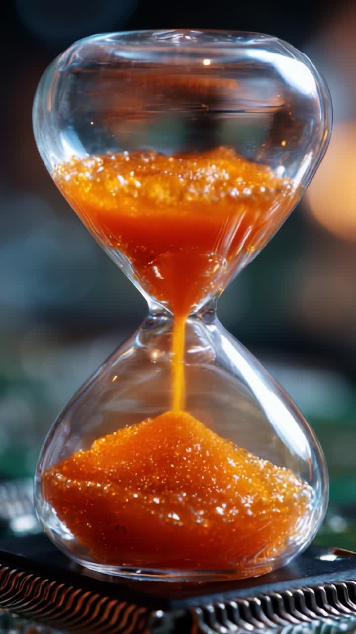 A Glimmering Hourglass Capturing Time with Mesmerizing Amber-Hued Liquid Granules Flowing from Top to Bottom in a Stunning Glass Container
