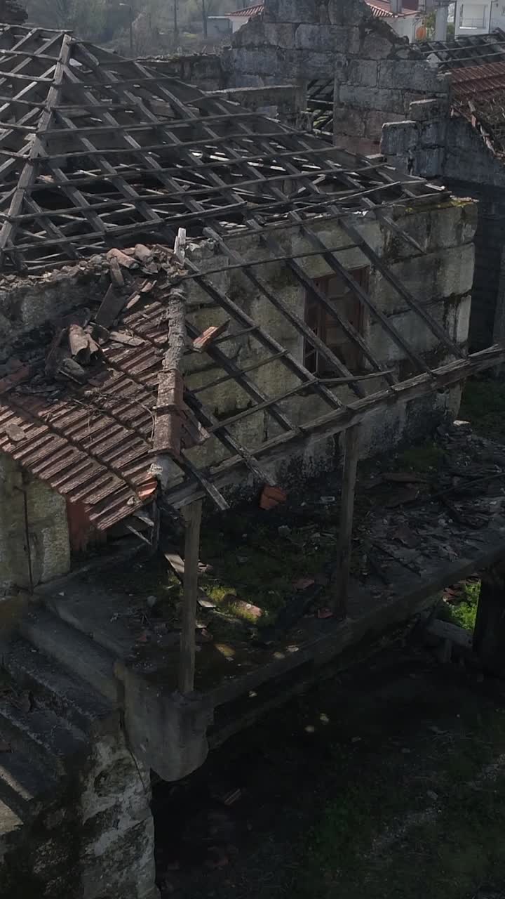 Aerial abandoned house. Buildings ruins Vertical Video