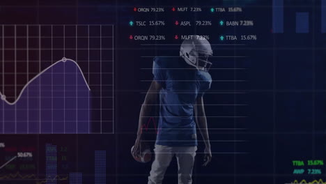 football player holding ball over stock market data and graphs animation