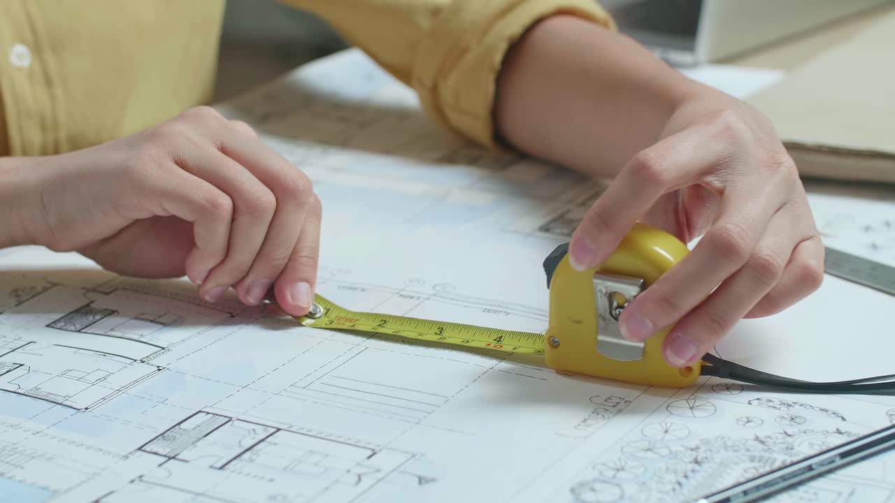 Close Up Of Hand'S Woman Engineer Measuring Blueprint At The Office
