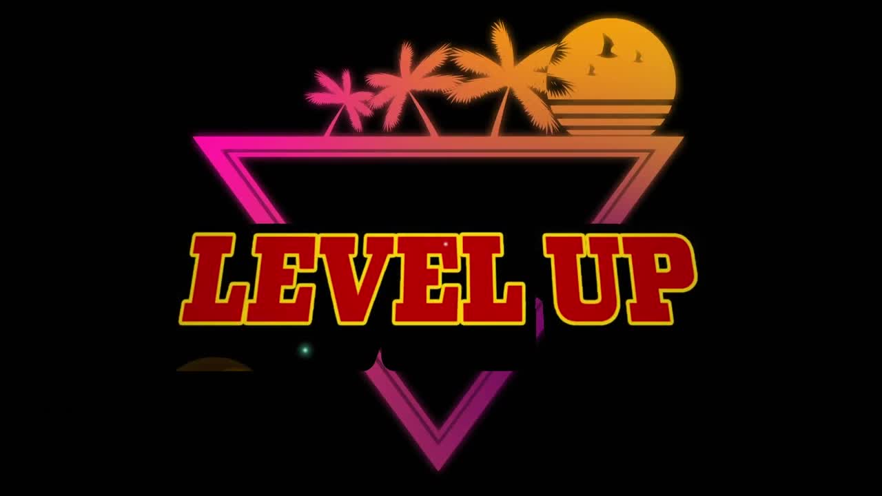 Animazione del testo "level up" in lettere rosse su tramonto tropicale con palme