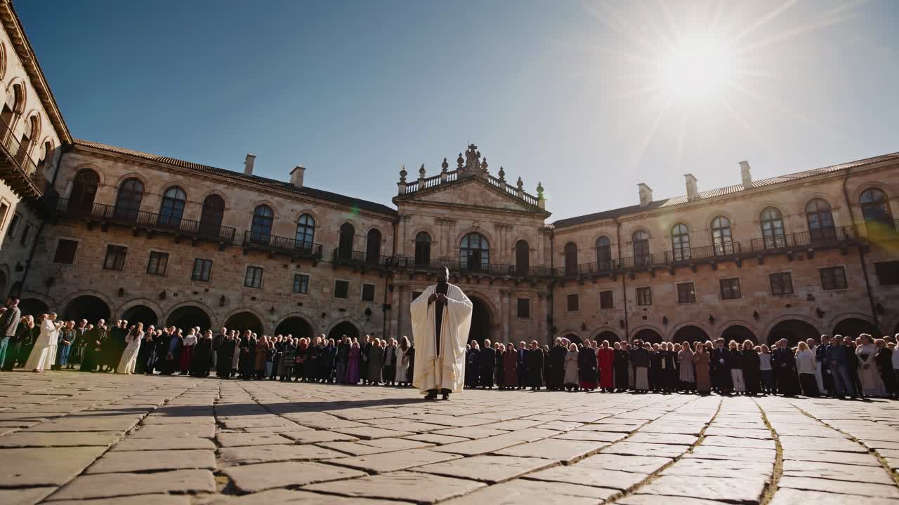 Wide-angle video capturing a historical building with a large crowd in a courtyard