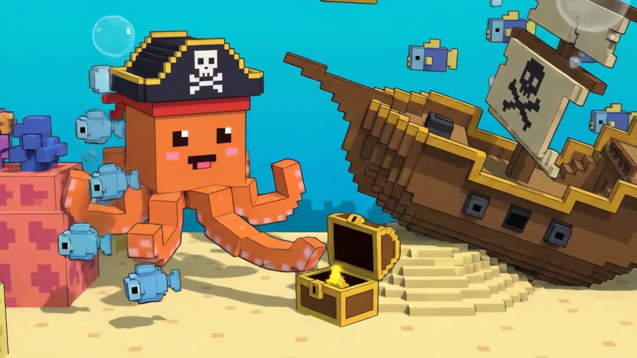 Pixel Art Pirate Octopus Finds Treasure in Underwater Scene