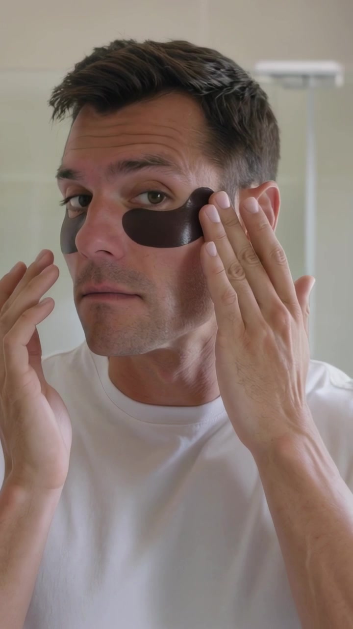 Vertical video: Holding under-eye patches, man in white tee pressing at vanity mirror for care