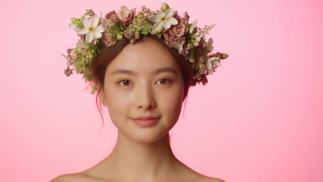 East Asian Woman Wearing Floral Crown, Studio Portrait On Pink Background, Bare Shoulders, Soft Diffused