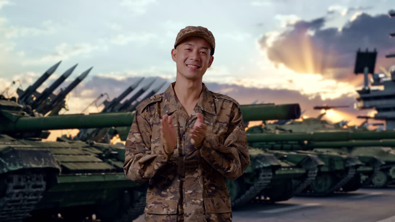 Soldato asiatico sorridente che applaude mentre è in piedi accanto a un carro armato