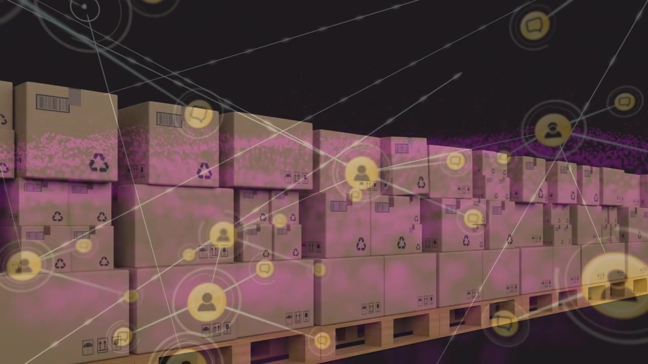 Digital Network Connections Over Stacked Cardboard Shipping Boxes