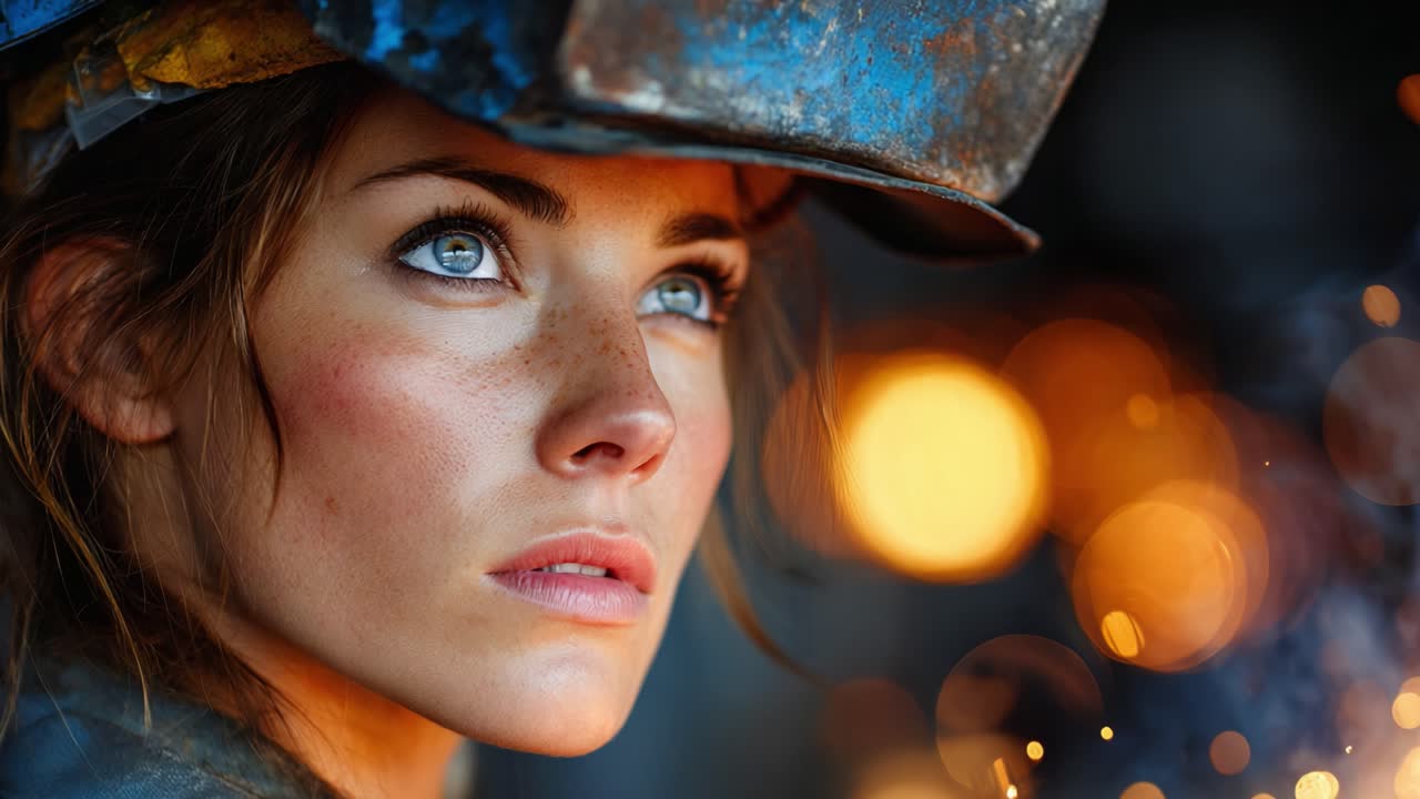 A Determined Woman Welder Captured in Stunning Focus Amidst Sparks and Glowing Background, Showcasing the Power and Beauty of Skilled Craftsmanship