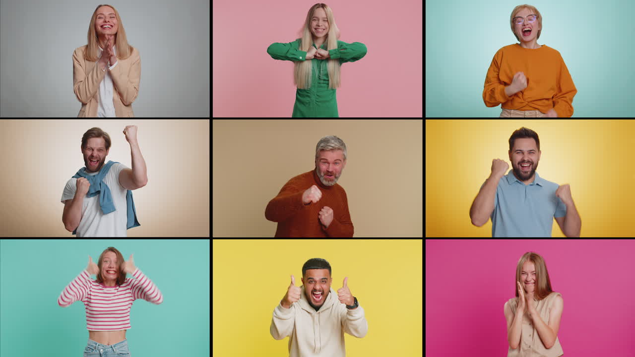 Collage of smiling happy people men women celebrating success victory win good positive news