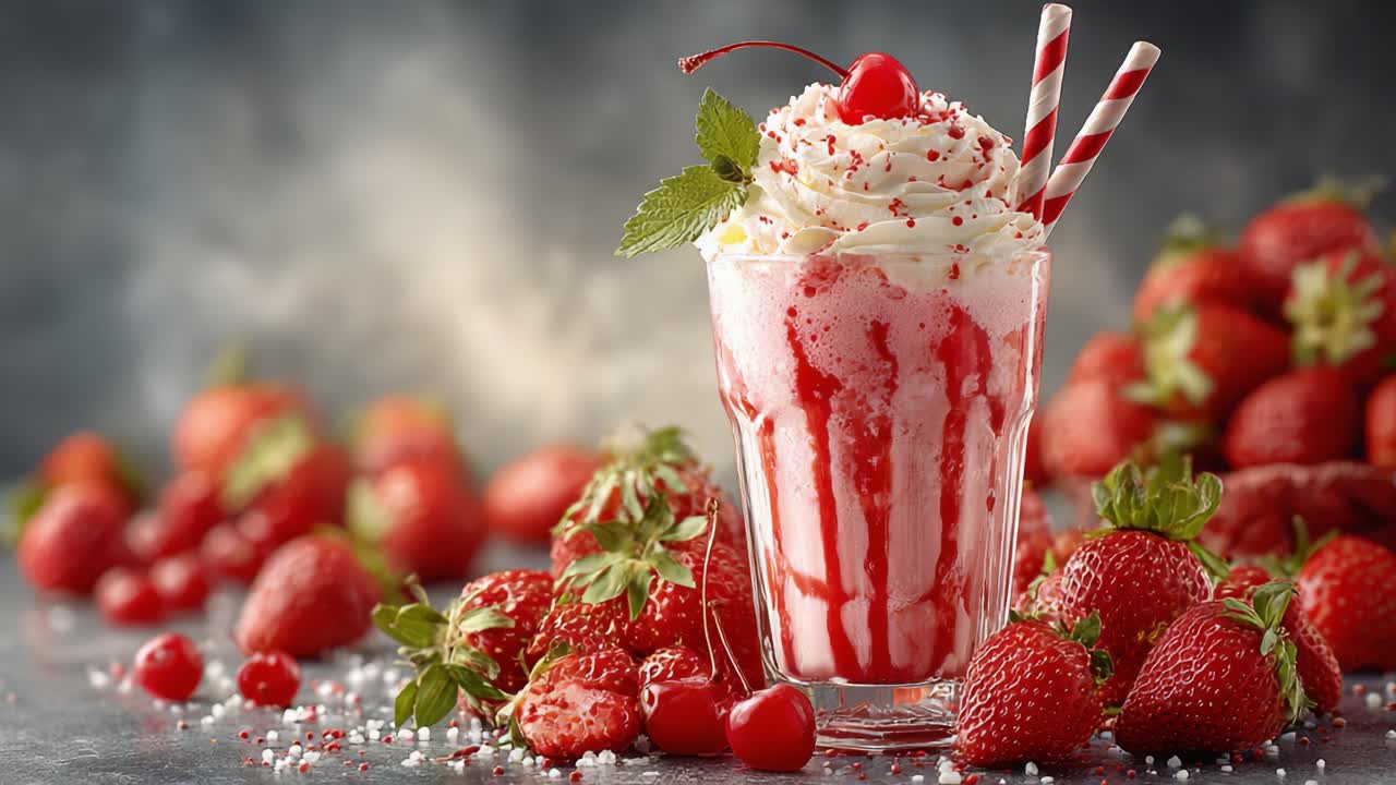 Delizioso frappé alla fragola con panna montata e guarnizione di ciliegia, circondato da fragole fresche, che crea un'esperienza di dessert visivamente invitante.