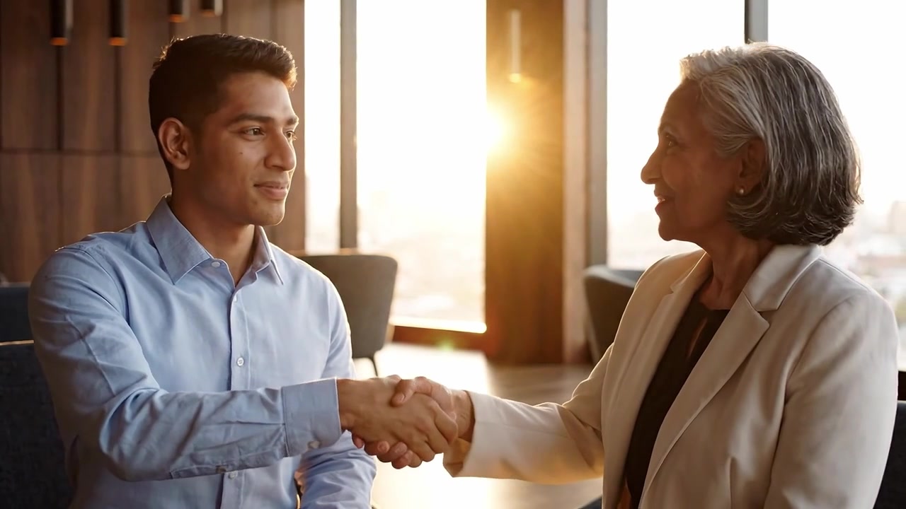 Un incontro gioioso tra un giovane uomo e una donna matura in un ambiente moderno, che cattura l'essenza dell'amicizia e della collaborazione durante un caldo tramonto