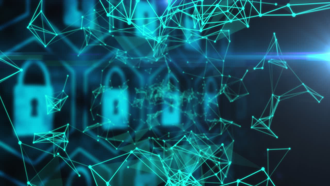 animación de candados de seguridad en línea con red de conexiones en segundo plano