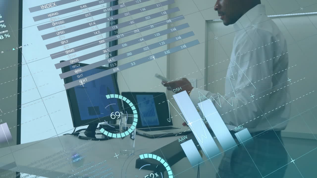 Animation of financial data processing over african american businessman using smartphone