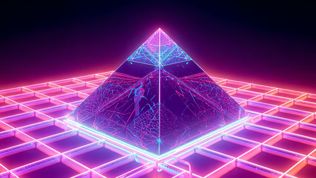 Powering translucent neon pyramid emitting cyan particles above apex in dark void, neon grid floor