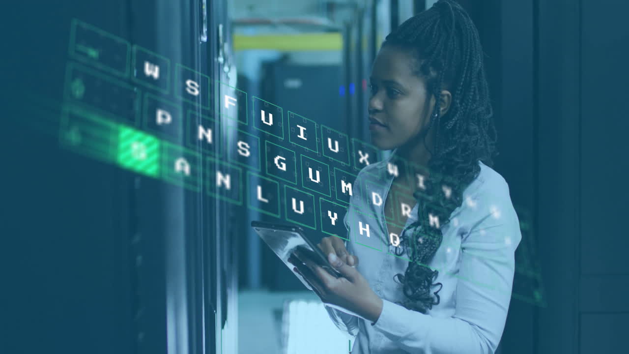 Analyzing data on tablet, woman with floating animation in server room