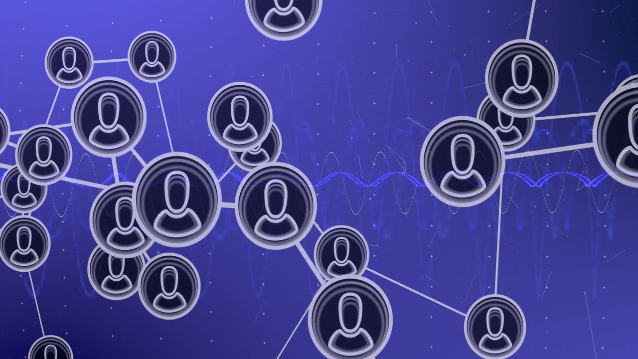 animación del procesamiento de datos a través de redes de conexiones con personas iconos