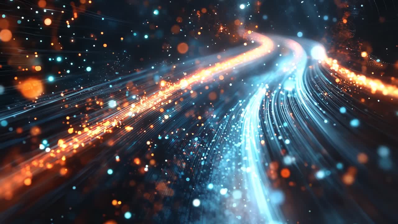 A bright blue and orange line of light with many small dots. The line of light is moving and he is a part of a larger image