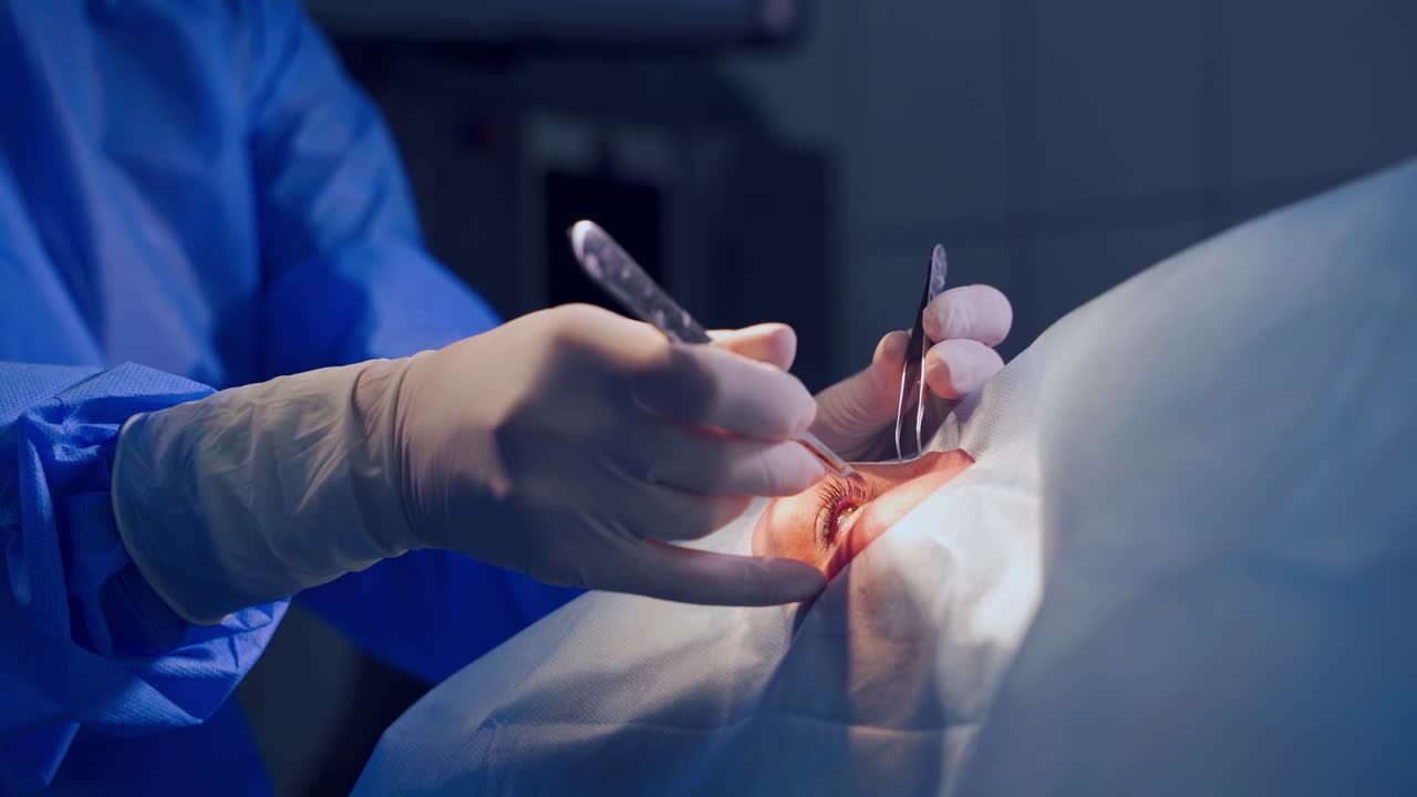 Endoscopic surgery of the eyes. Patient and surgeon in the operating room during ophthalmic surgery