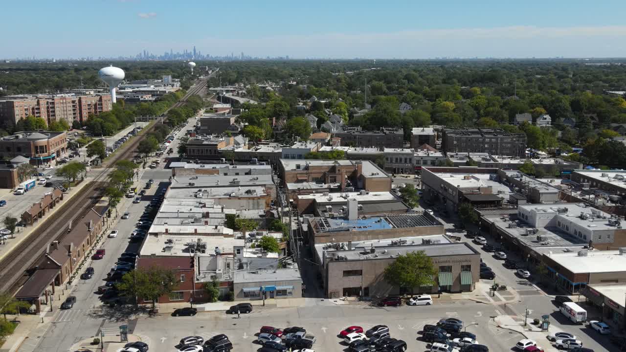 Aerial View of a Suburban Town with Chicago Skyline in the Background