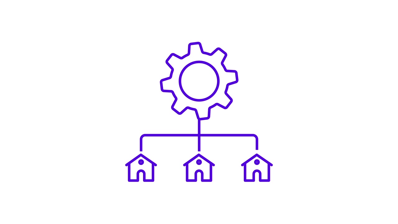 Animated Gear Icon Connecting to Multiple House Symbols
