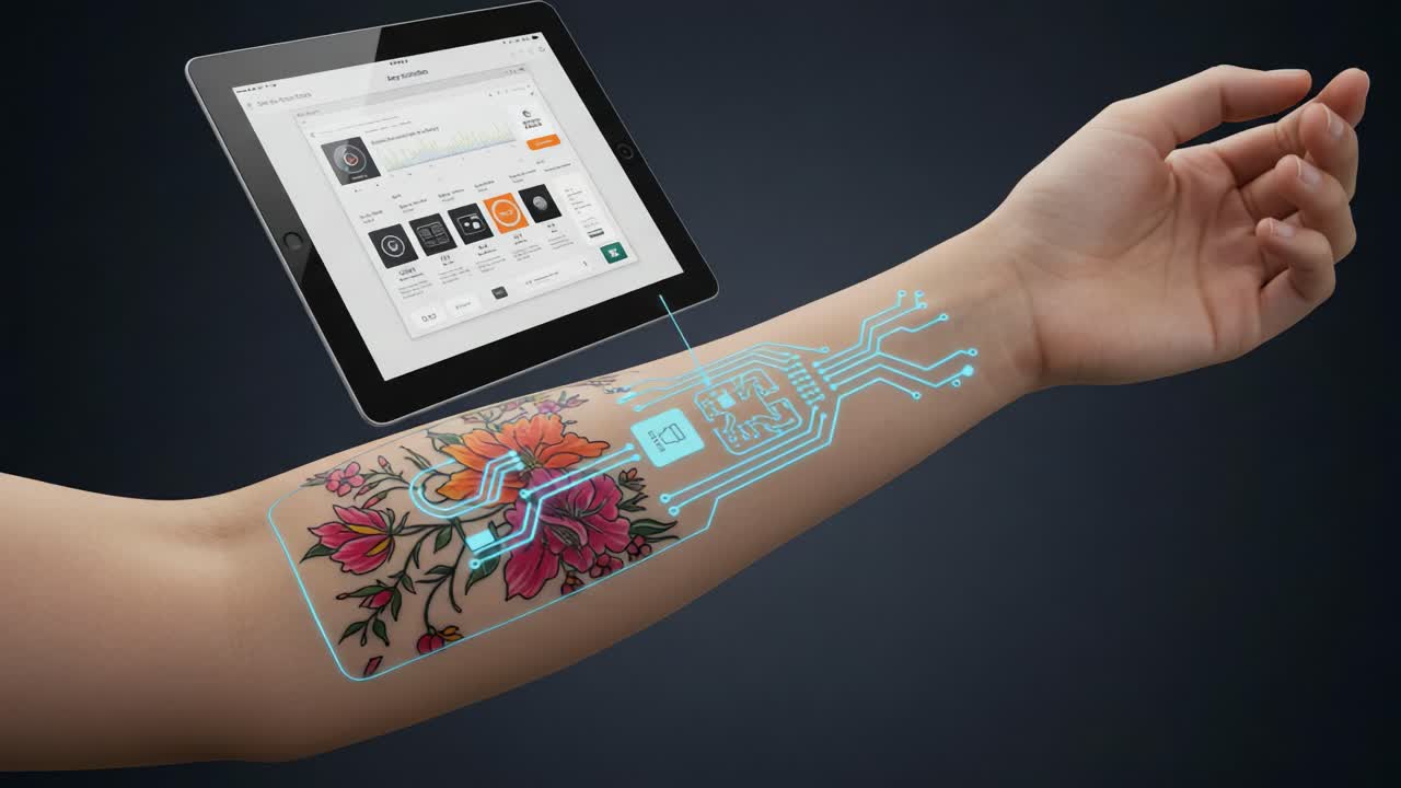 A Fusion of Art and Technology: A High-Tech Arm Featuring a Colorful Tattoo Interfacing with a Modern Tablet Device for Innovative Interactions