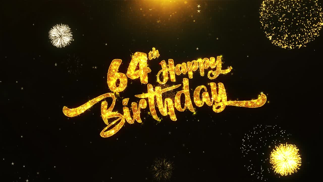 Tarjeta de felicitación y buenos deseos para el 64 cumpleaños hecha con partículas brillantes de fuegos artificiales dorados