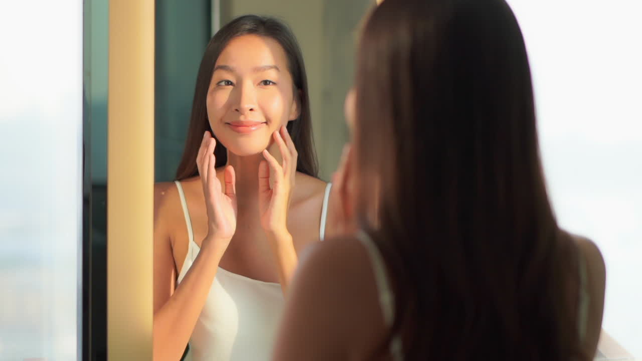 Lady looking at self in large mirror with golden sunlight shining on face. Asian model in white top checks eyes and makeup leaning toward mirror touching face. Woman and morning beauty routine