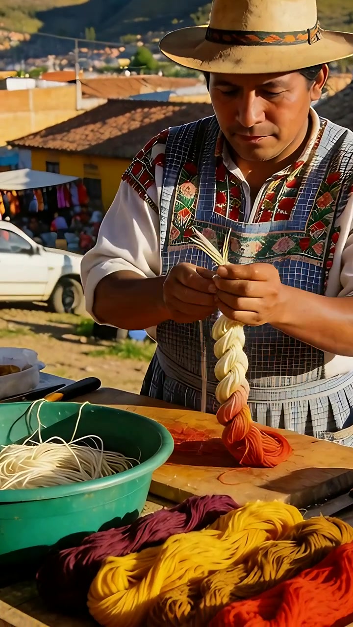Video verticale: Venditore con cappello di paglia che afferra filato intrecciato, lega un cordino e sistema i gomitoli per la vendita.