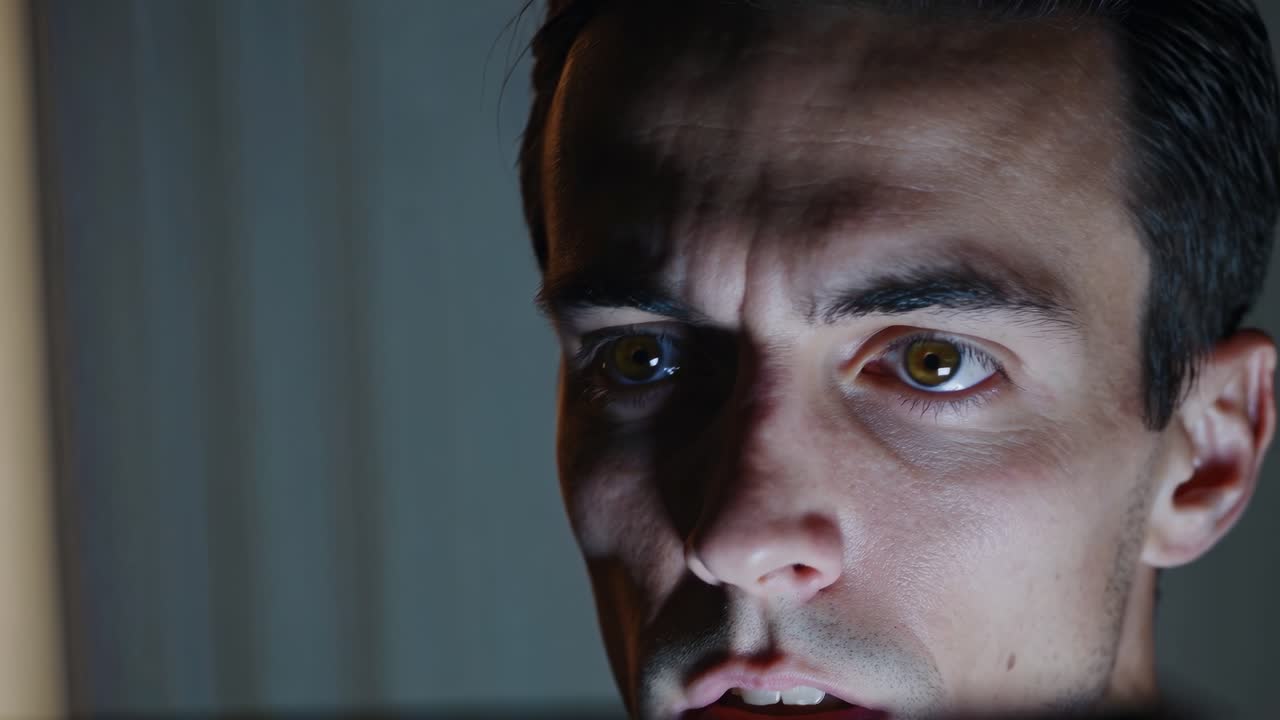 Stressed businessman intensely reacting to troubling digital information during dark nighttime work session, showing emotional response through facial expressions and body language