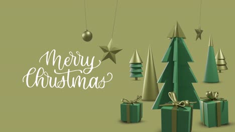 Animation-of-merry-christmas-text-over-christmas-decorations-on-yellow-background