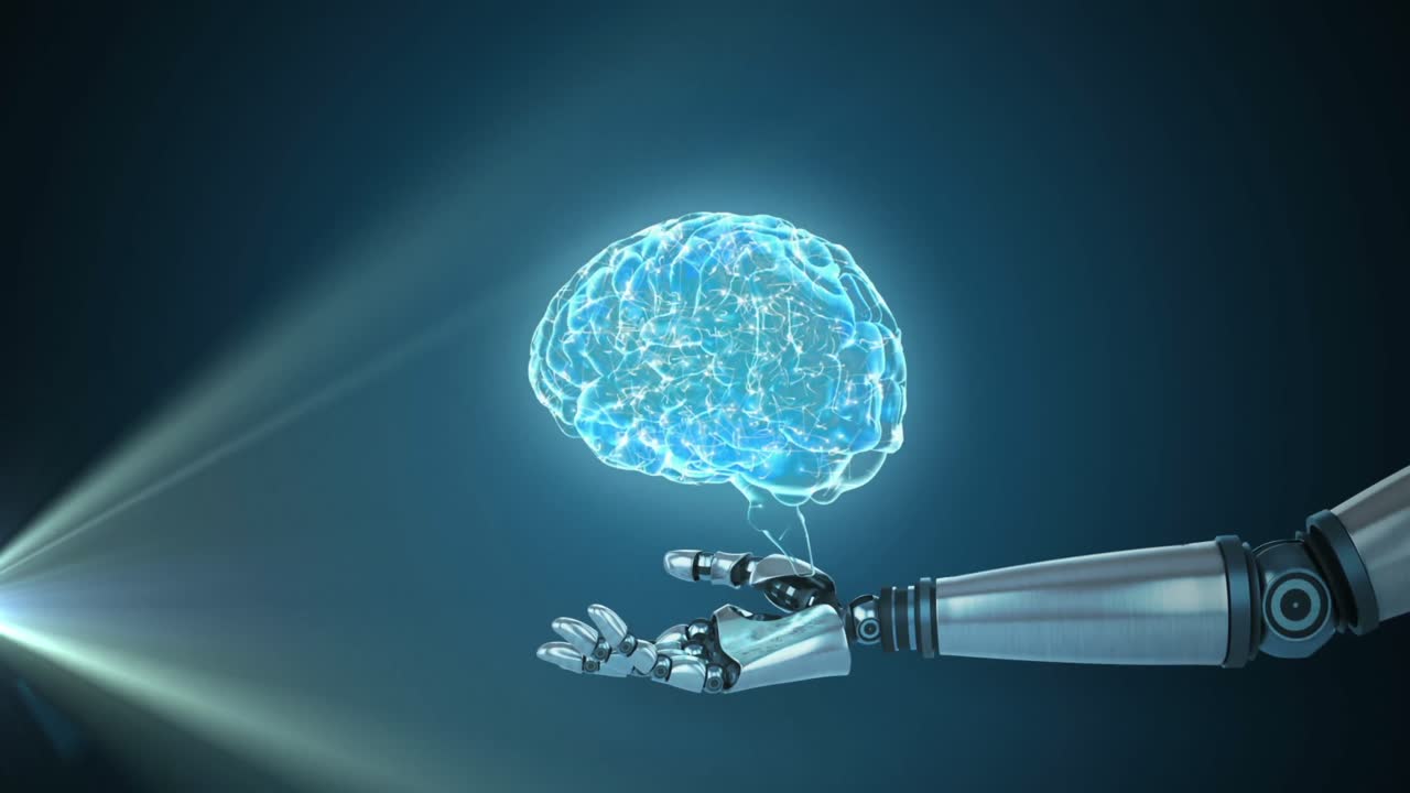 Animation of 3d blue glowing human brain rotating with robot arm on glowing blue background