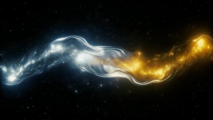 Abstract Flowing Energy Waves of Blue and Gold Light in Space