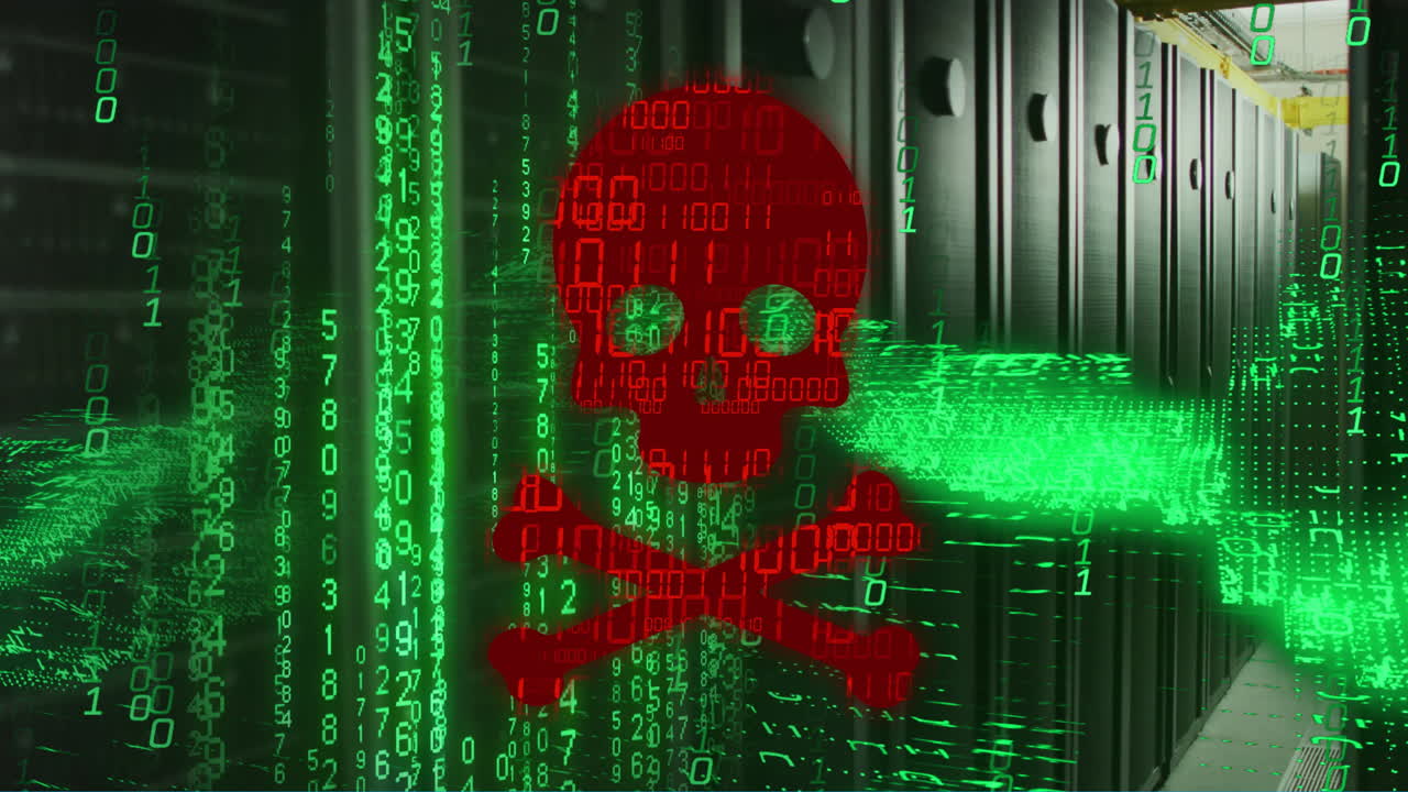 animazione di cranio e ossa, codifica binaria e elaborazione dei dati su server informatici