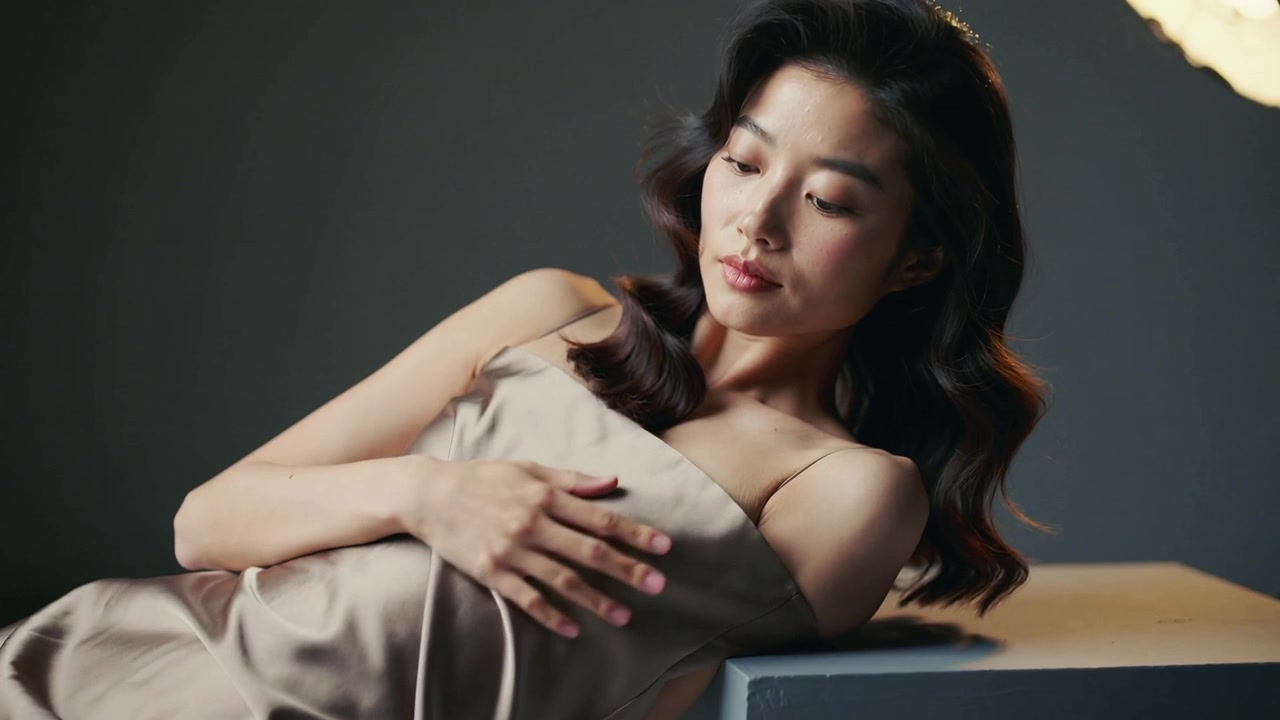 Smoothing satin dress, model adjusting torso on pedestal as camera rolling, softbox lit for shoot