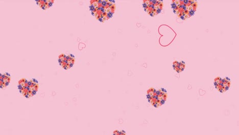 animación de iconos de corazones y flores rojas flotando sobre un fondo rosa