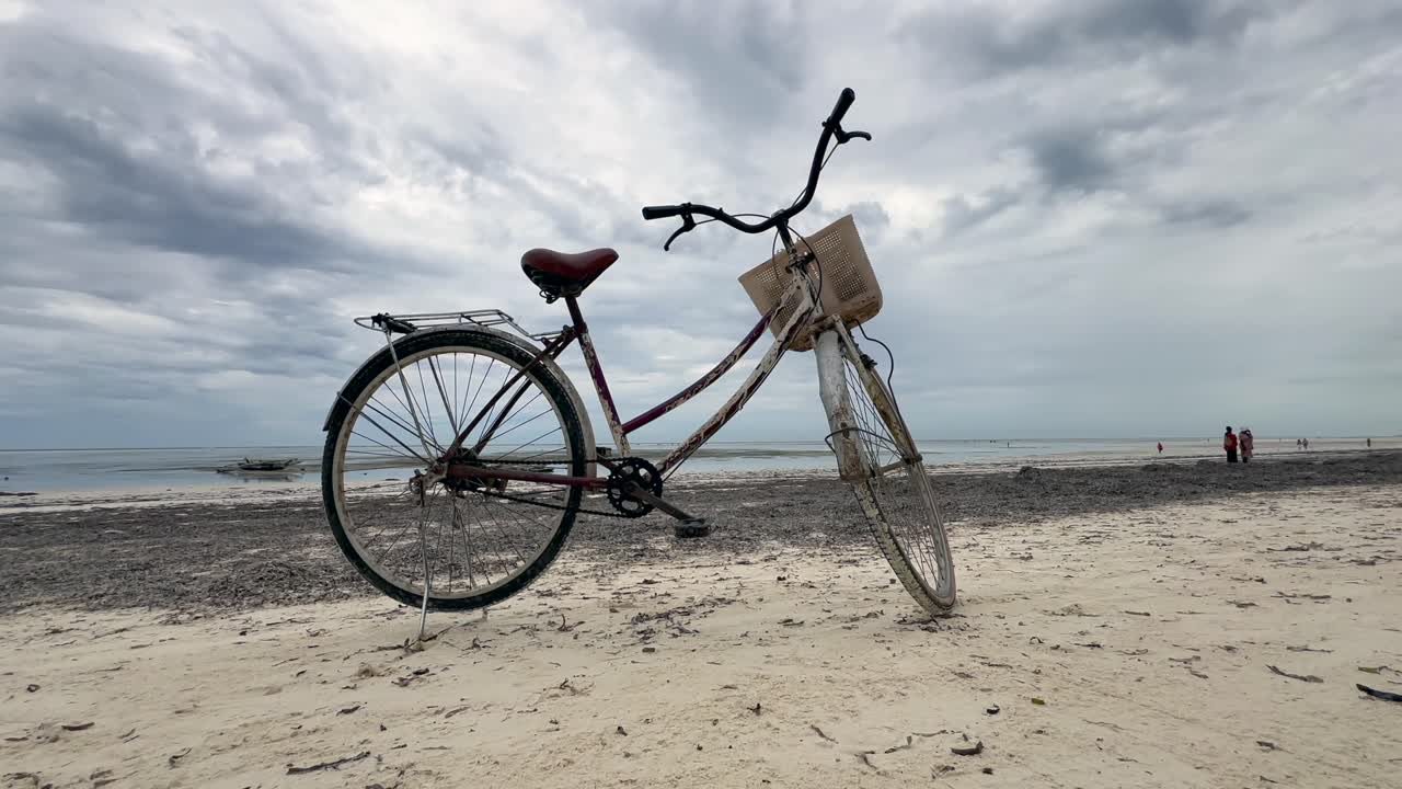 Sykkel på stranden på Zanzibar, lavvinkelbilde. Tanzania