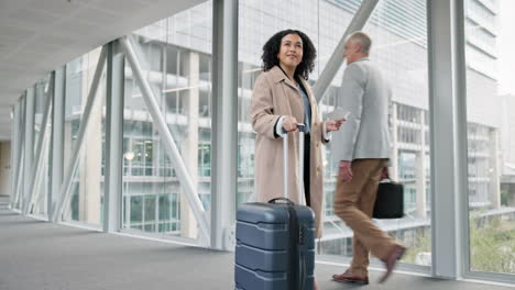 Airport,-suitcase-and-business-woman-walking