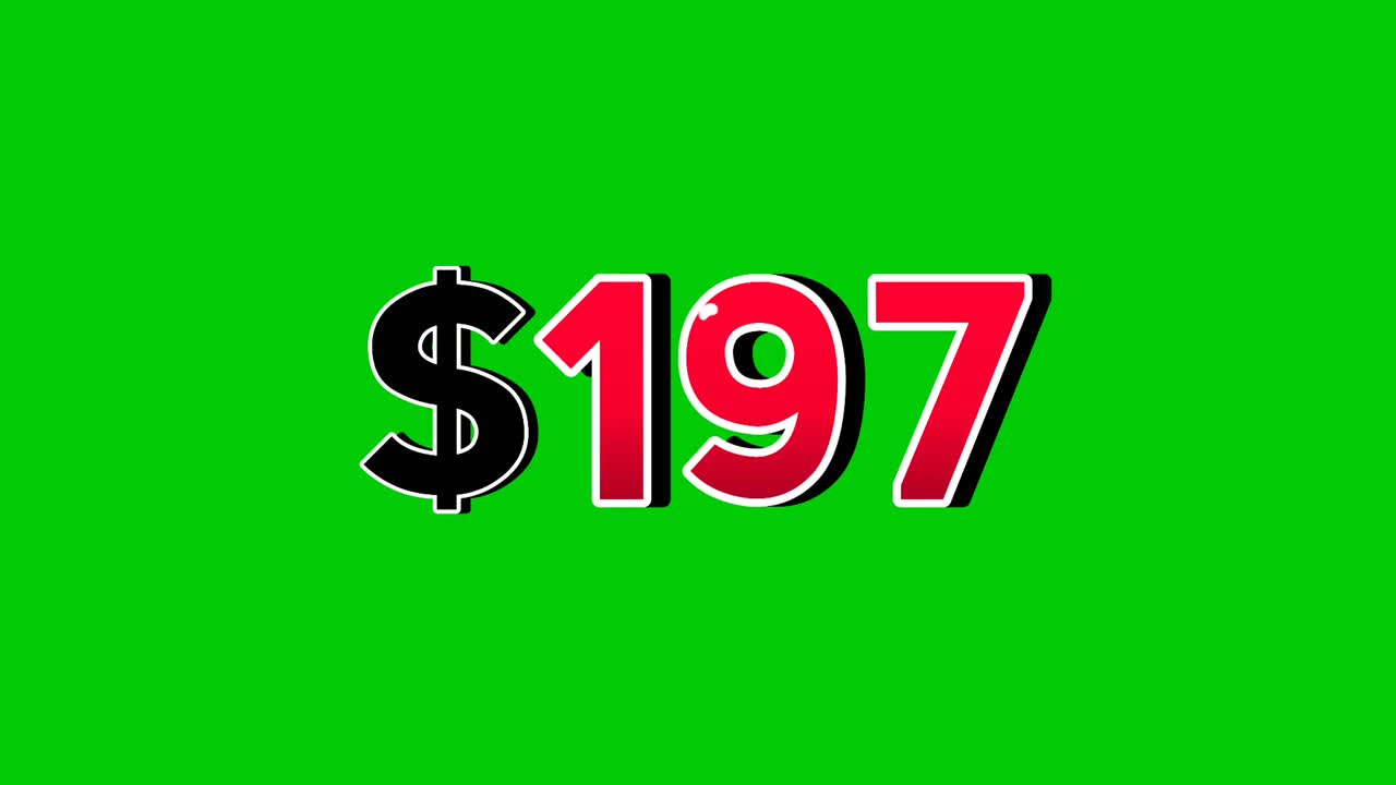 Animation number $197 dollar sign motion graphics with smoke effect green screen background vibrant red numbers. Video 3D effect with shadows for video elements business concept