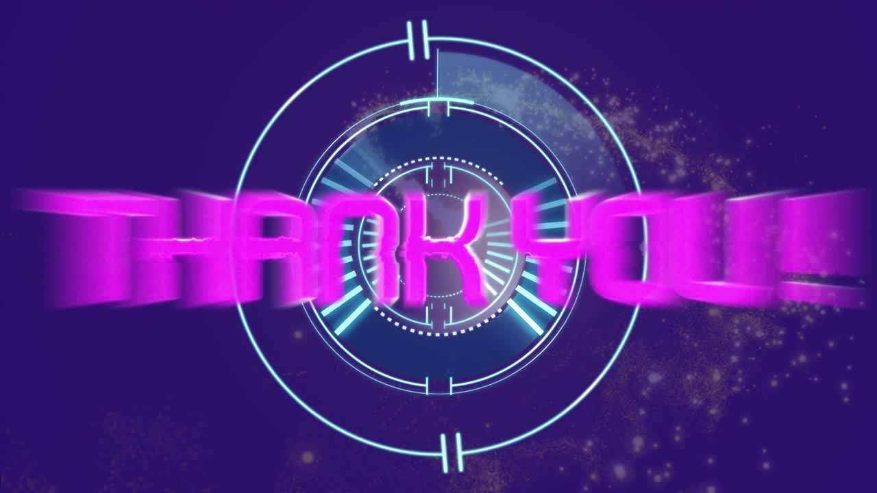 Animation of thank you text over scope scanning on purple background