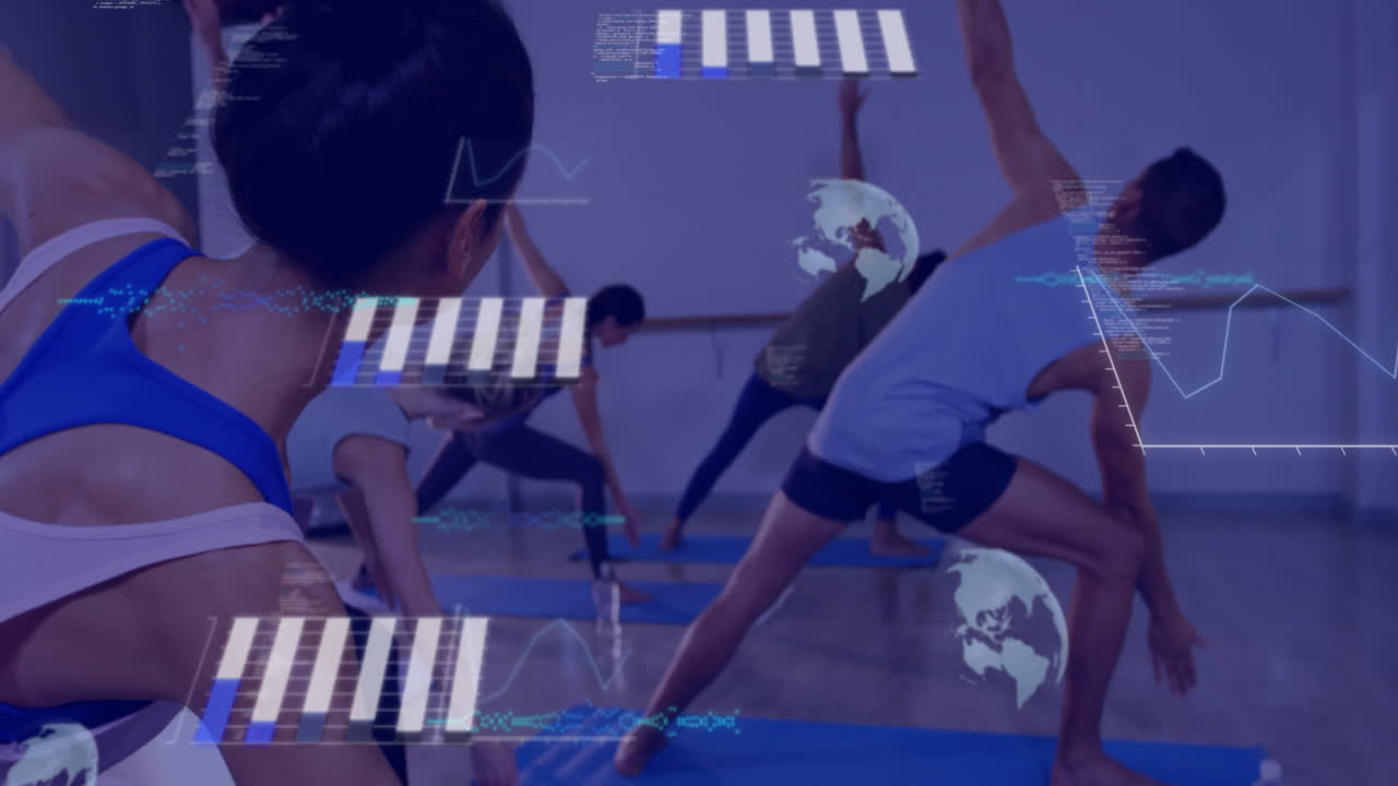 피트니스 데이터 애니메이션으로 스튜디오에서 요가 포즈를 취하는 사람들