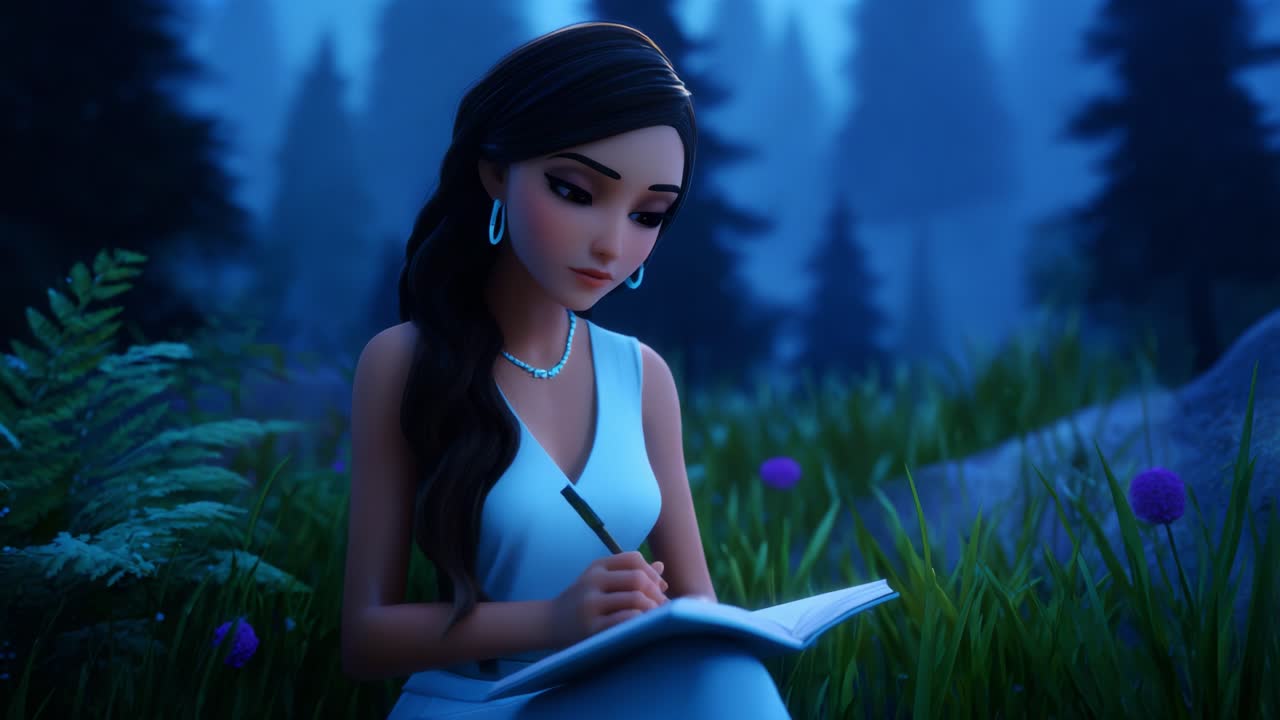 A pensive young woman writes in her notebook under the serene moonlit sky, surrounded by lush greenery and soft shadows, capturing a moment of reflection and creativity amidst the tranquility of nature