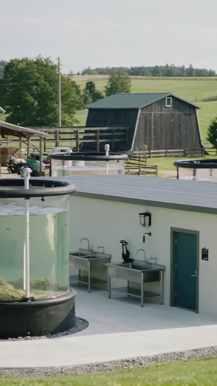 Video verticale: Telecamera che panoramica rivelando una vasca di acquacoltura trasparente in una fattoria rurale per monitorare le bolle