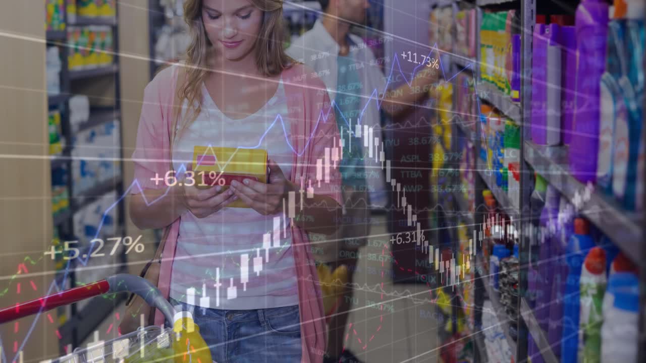 Woman pausing and reading label in aisle, finance charts overlaying, rising, fading, showing trends