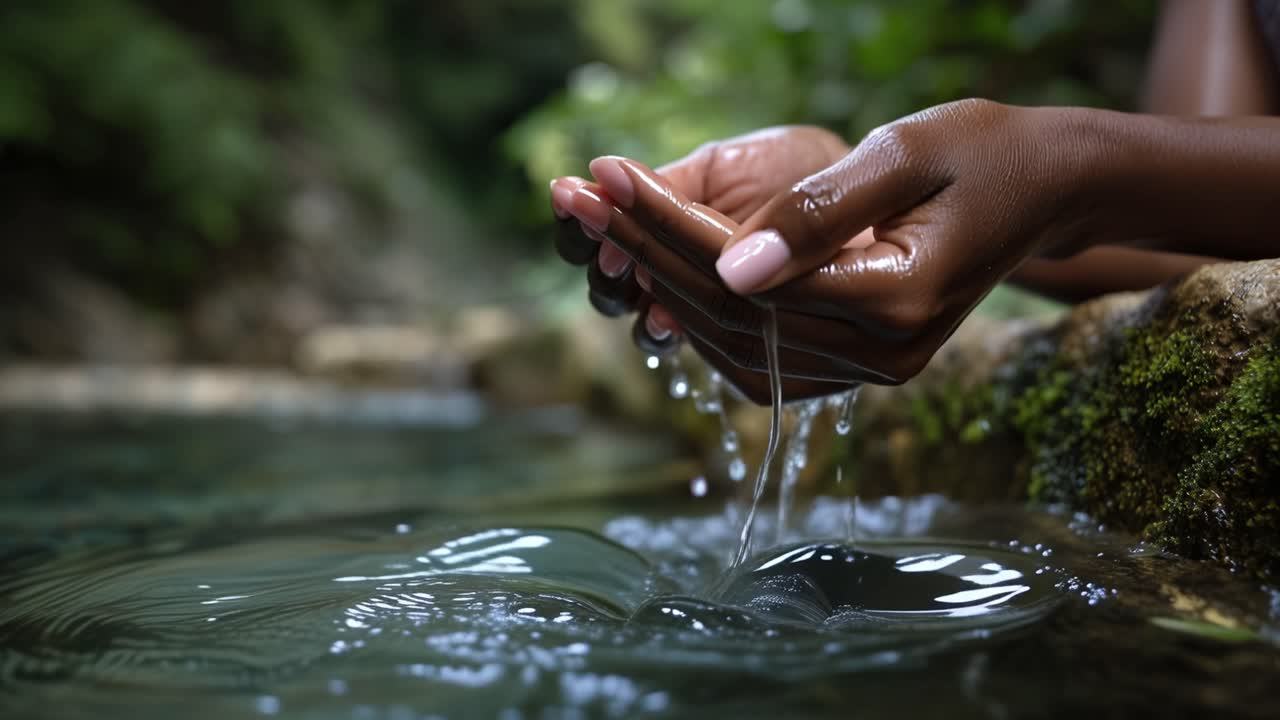 Capturando la Esencia de la Naturaleza: Agua fluyendo a través de las manos en un entorno natural sereno, evocando una sensación de tranquilidad y conexión con la Tierra.
