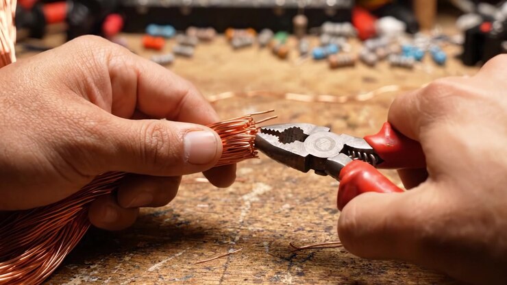Precision Craftsmanship: Working with Copper Wires and Tools in a Workshop for Electronics Construction and Repair